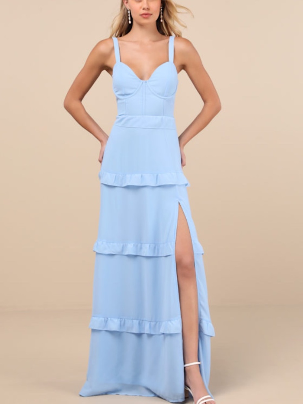 Lulus Sincerely Poised Light Blue Backless Bustier Tiered Maxi Dress - Size XS